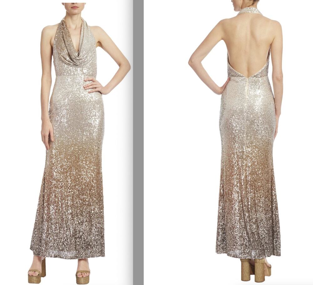 Badgley Mischka Sequin Cowl Gown 14 NWOT Gold Silver Gown Open Back Dress Glam